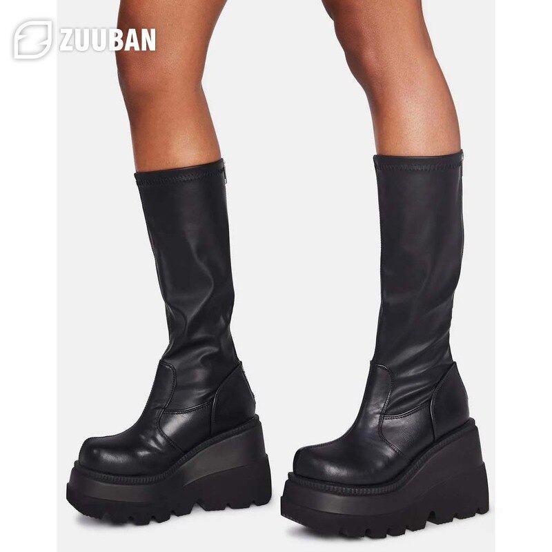Botas hasta el muslo de cuero para mujer, botines con plataforma, cuñas de suela gruesa, zapatos guays góticos Punk, botas altas de talla 43