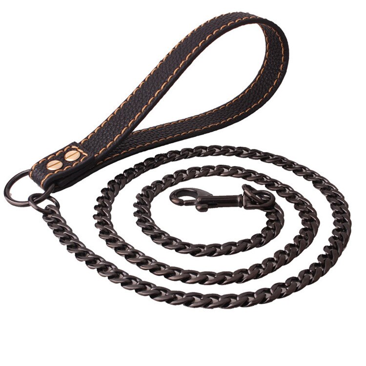 Colorful Heavy Duty Dog Chain for Big Dogs Pitbull Gold Stainless Steel Dog Leash with Leather Handle Pet Stuff Accessories: black