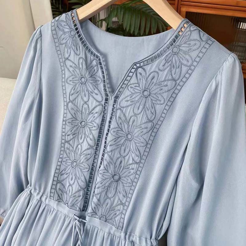 Vestido de gasa con cuello en V para mujer, traje con bordado, manga 3/4, Color sólido, informal, a la , primavera y otoño