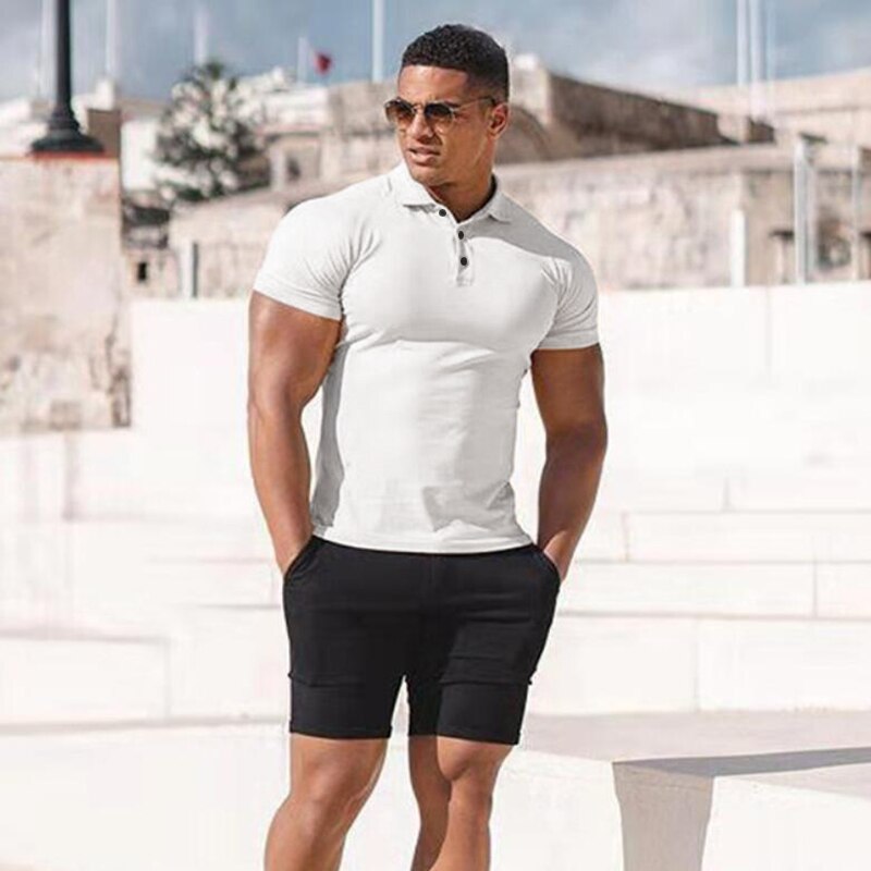 Running T-shirt Men Sports Short Sleeve Polo Shirts Summer Slim Fit Turn Collar Gym Bodybuilding Fitness Polo Shirt plus size: White / M
