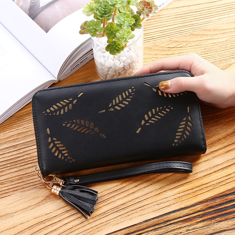 Women Wallet Luxury Leather Wallets For Women Long Zipper Coin Purses Credit Card Hollow Leaves Pouch Handbag Lady Holders Bags