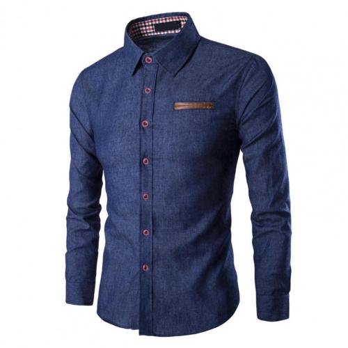 Men Solid Color Long Sleeve Jeans Shirts Breathable Casual Denim Top for Work: Dark Blue / M