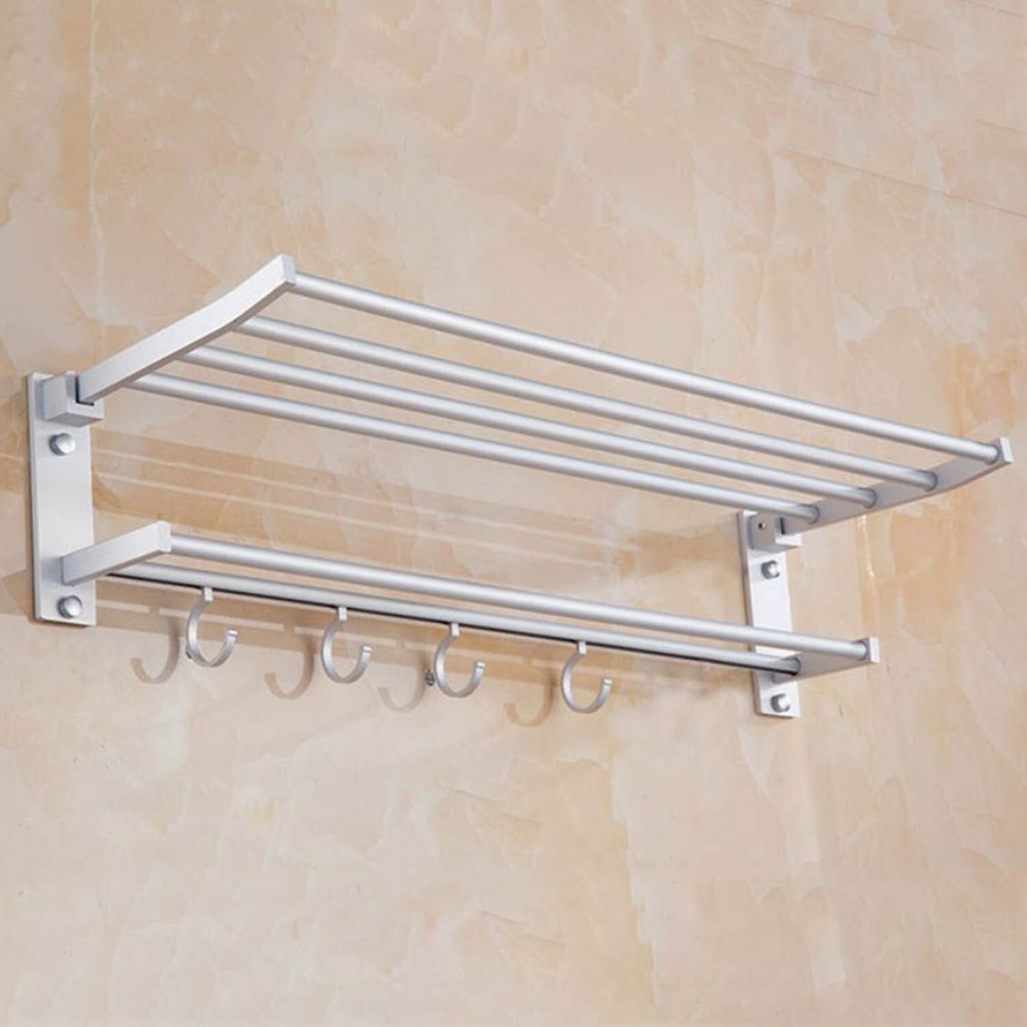 35cm Foldable Wall Mounted Space Aluminum Towel Storage Hanger Shelf Holder Stand Rack with 4pcs Hooks for Home Hotel Bathroom