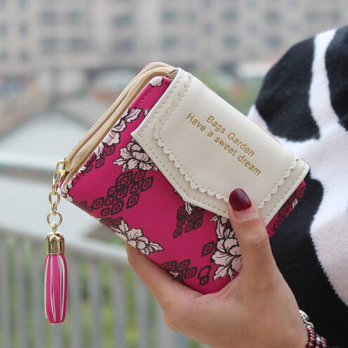 Söt handväska läder kort tofs dragkedja plånbok myntkorthållare mjukt läder telefonkort kvinnlig koppling: Rosröd