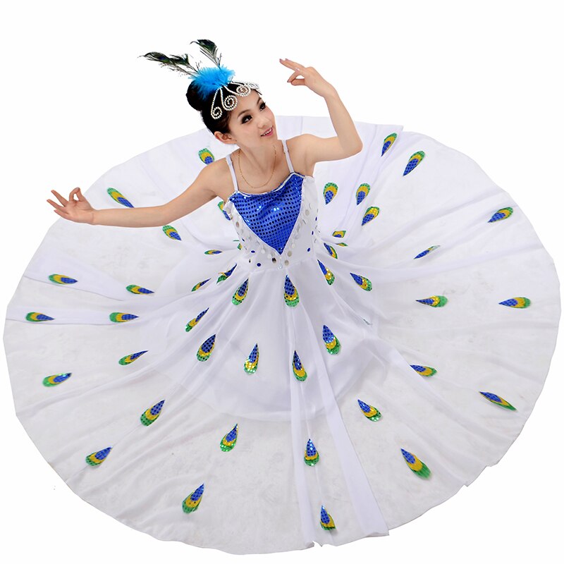 Minderheit Tanz Weiß Pfau Kostüm Kostüm Dai Kleid Felsen Dai tanzen Leistung Kleidung Pailletten Hosenträger Chiffon