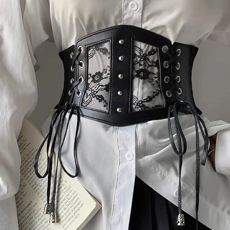 Plus size elástico rendas espartilho cintos para mulheres ampla estiramento cummerbunds feminino goth punk vestido espartilho cinto grande cintura branca