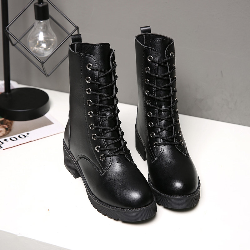 Mi-mollet en cuir japonais botines femme plate-forme moto bottes croisées automne hiver bottes courtes gros creepers