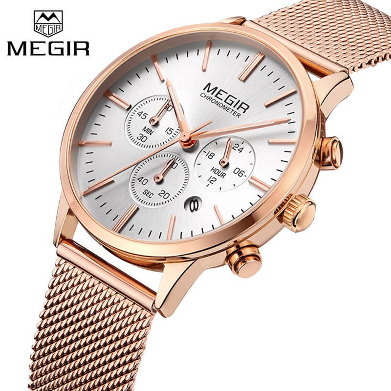 MEGIR Date Chronograph Dames Horloge Top Luxe Minnaar Vrouwelijke Klokken Mesh Staal Classic Lady Horloges Dress Business Klok Box