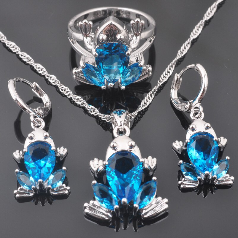 Himmel Blau Zirkon Frosch frauen Party Silber Farbe Schmuck setzt Ohrring Und Halskette setzt Anhänger Ringe Dubai Stil QZ0316: 7