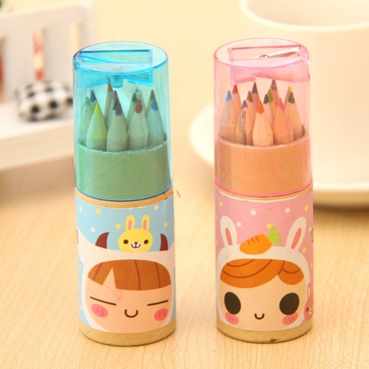 Mini lápices de colores seguros para niños y niñas, 12 colores de plomo, no tóxicos, coreano, dibujos animados creativos, sacapuntas