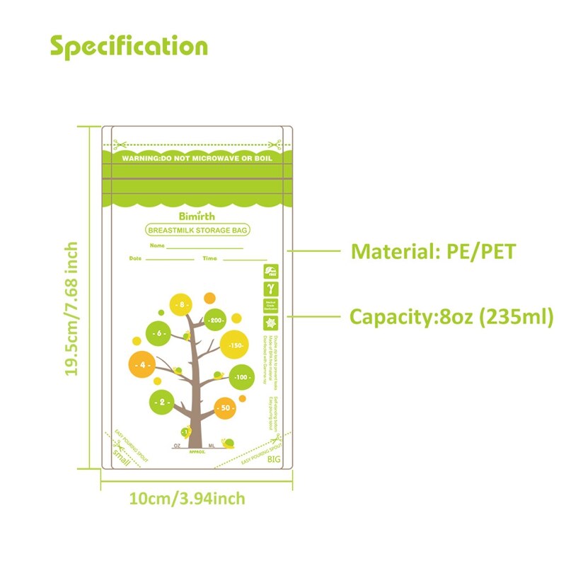 Bimirth 112 pçs 200ml sacos de armazenamento de leite materno do bebê à prova de vazamento alimentos para bebê seguro leite materno freezer armazenamento bolsa