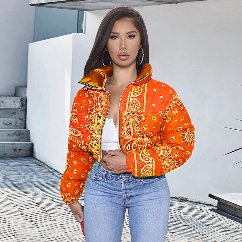 Manteau Bandana imprimé Paisley pour femme, veste à bulles, parka chaude, décontractée, fermeture éclair, vêtements d'extérieur, hiver