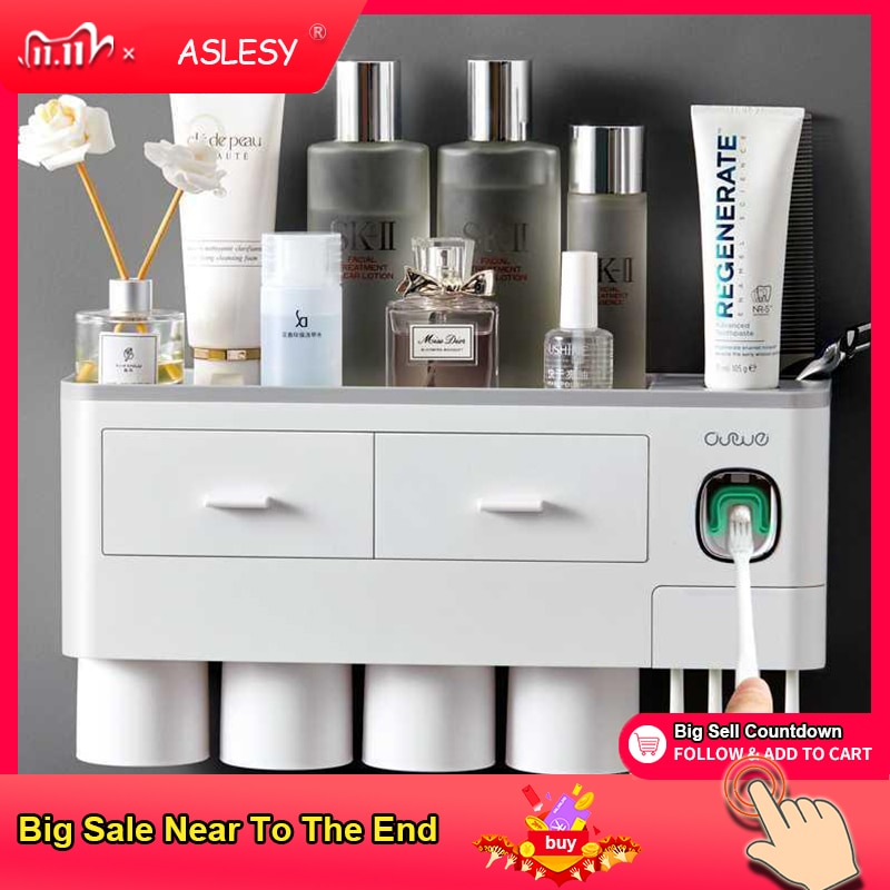 Magnetic Toothbrush Holder Adsorption Inverted Toothpaste Dispenser Wall Mount Makeup Storage Rack for Bathroom Accessories Set