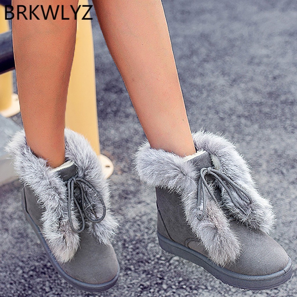 Oreilles de lapin femmes bottes de neige daim bout rond à lacets bottes chaudes avec peluche à l'intérieur tourner bord chaussures de pain d'hiver