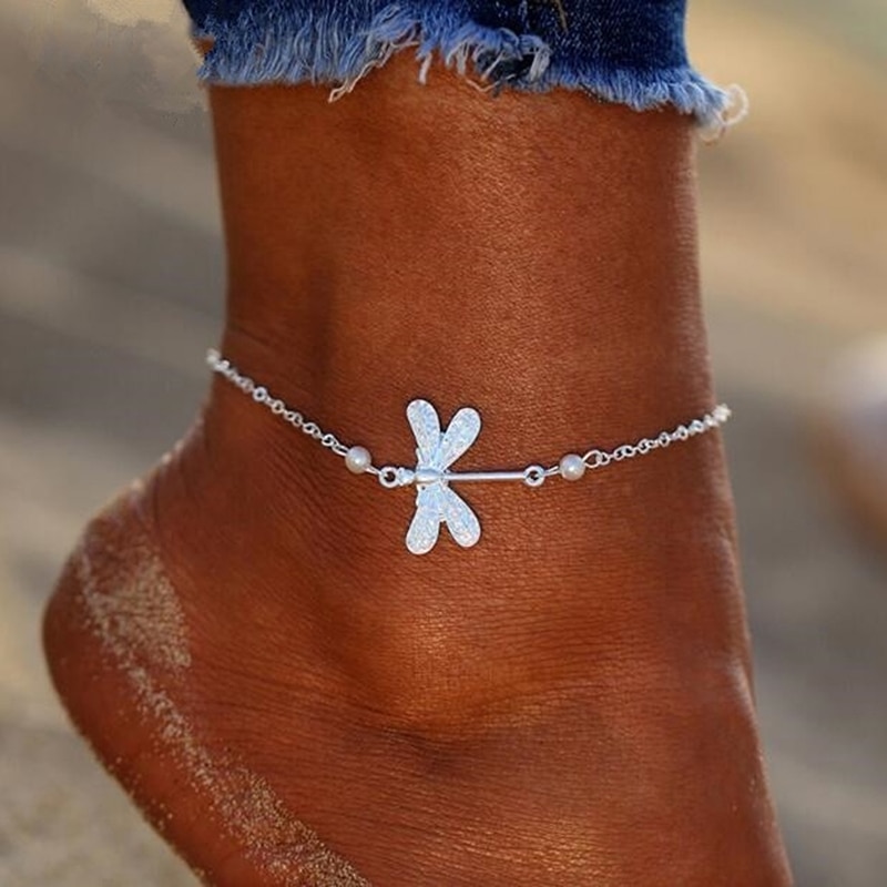 Barefoot Sandalen Enkelband Strand Dame Dragonfly Crystal Enkelbanden Voet Sieraden Op De Been Strand Vintage Enkelbanden