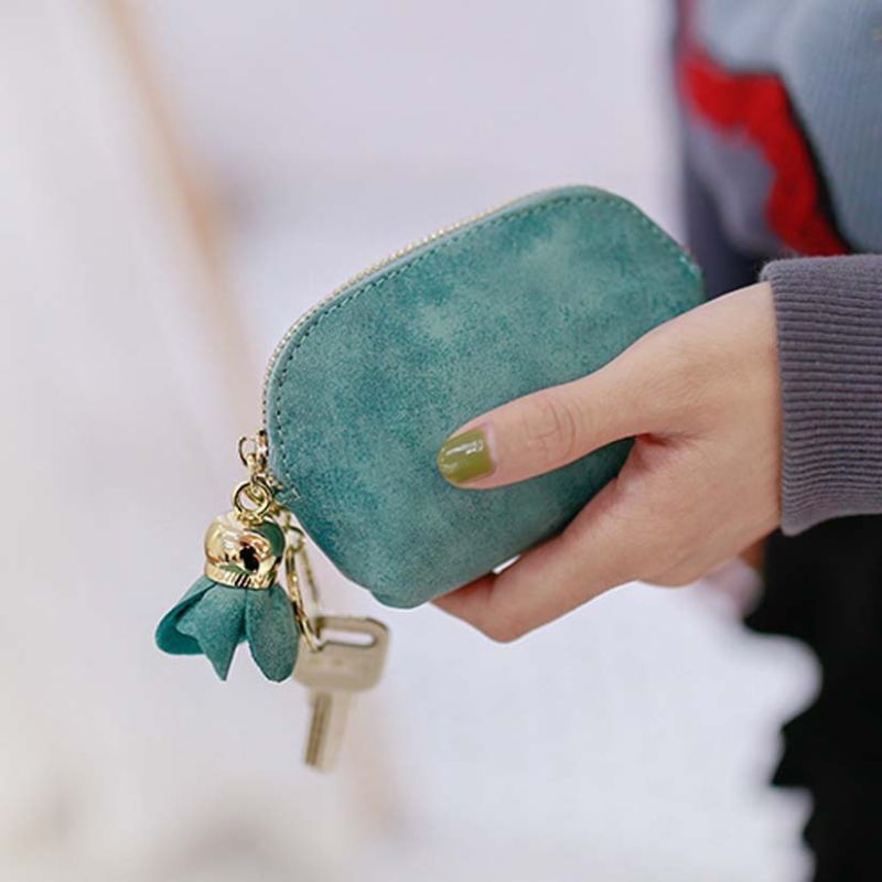 Women Leather Small Coin Card Key Flower Pendant Wallet Pouch Mini Purse 5 Colors: Green