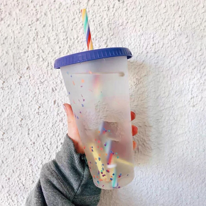 vaso plástico reutilizable de confeti que cambia de Color con tapa y pajita taza fría mágica taza de agua café botellas de agua