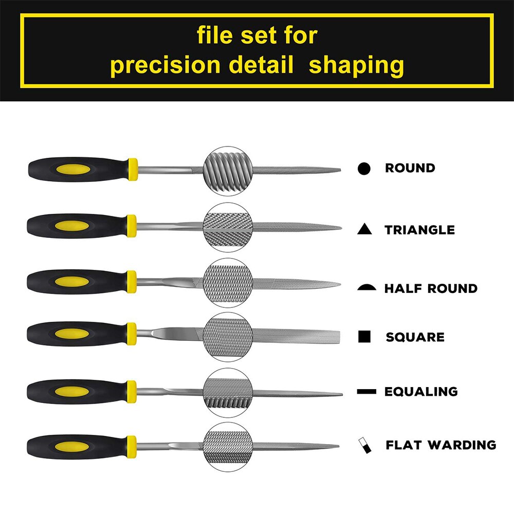 6 Pieces Needle File Set Hand Tools Hardened Alloy Strength Steel Flat Flat Warding Square Triangular Round and Half-Round File
