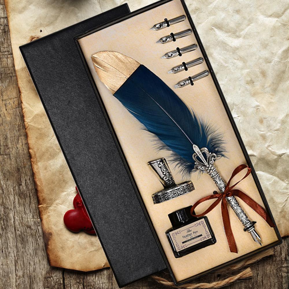 1 Set Vintage Calligraphy Feather Dip Pen Writing Ink Quill Fountain Pen