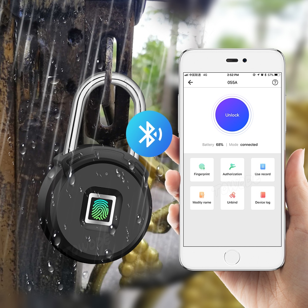 TOWODE Bluetooth Fingerprint Unlock Door Padlock Portable Smart Waterproof Keyless Lock USB APP Control Android IOS Phone