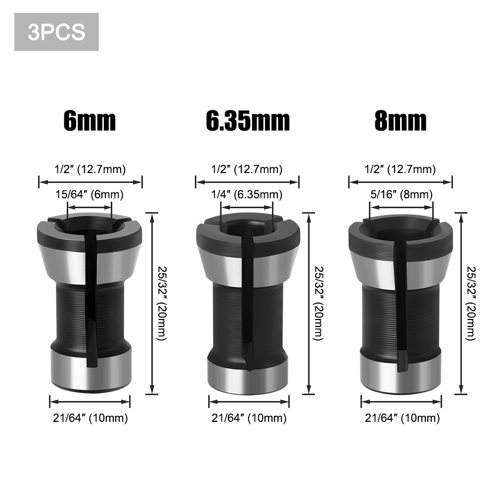 1pc 3PCS Set collets 6.35mm 8mm 6mm collet chuck Engraving Trimming machine Electric Router Milling Cutter Accessories: 3PCS