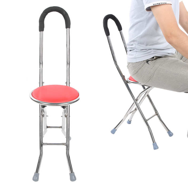 Non-Slip Folding Walking Cane Stool 1mm Thickness Stainless Steel Round Stool Elderly Walking Cane Red Mobility Aids