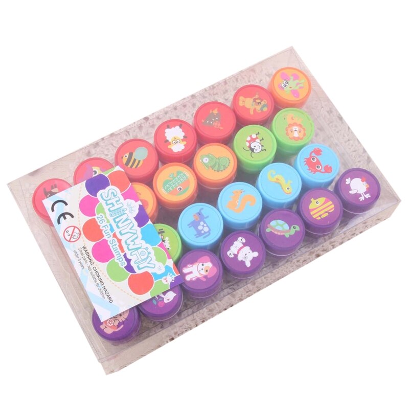 26Pcs Cartoon Various Round Stamp Seal Self Inking Scrapbooking Plate Ink Pad L9CD