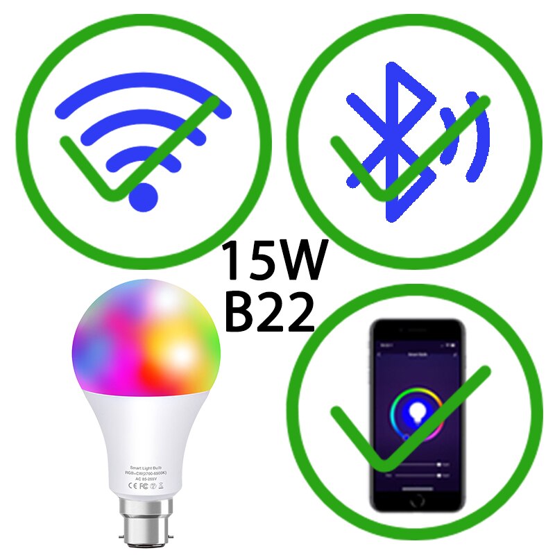 15W Lampadine LED Magic RGB Smart Light Bulb Wifi or IR Remote Control Lamp Dimmable Night Light Alexa Google Assistant Tuya APP: 15W B22 Wifi Bulb