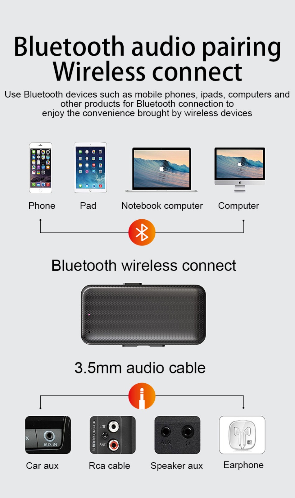 Adaptador receptor de coche Bluetooth 5,3, llamadas, conectores AUX de 3,5mm, receptor de música sin pérdidas, grabación de llamadas manos libres, compatible con tarjeta TF