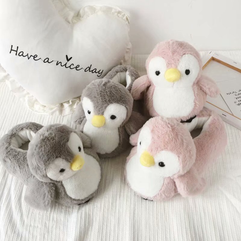 Girl Indoor Pink Penguin Warm Women Slippers Cute Animal Winter Home Cotton Plush Head Silent Indoor Flor Female Shoes