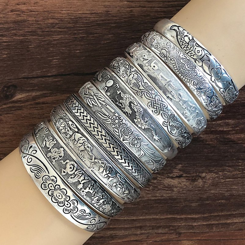 Nuevas pulseras Retro, brazaletes tibetanos de plata y Metal tallado, brazaletes de flores de elefante y pez, joyería gitana Vintage, para mujer