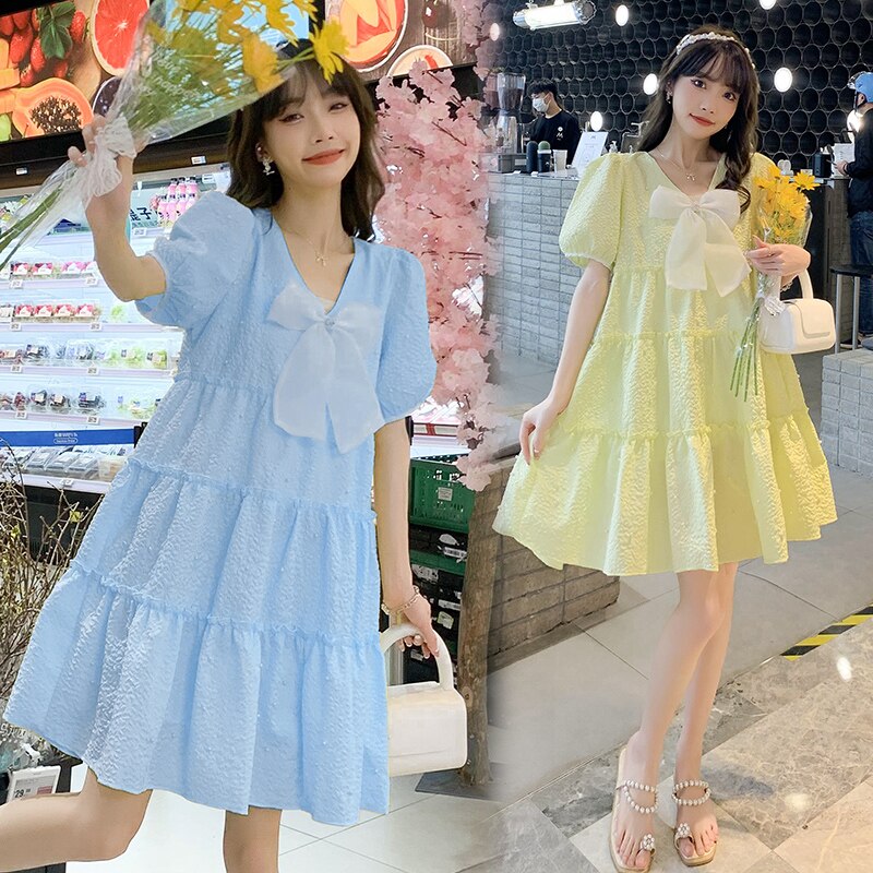 Vestido de estilo francés para mujer embarazada, ropa de maternidad con manga Hubble, Burbuja, cuello en V, Princesa de hadas, lazo, vestido de baile