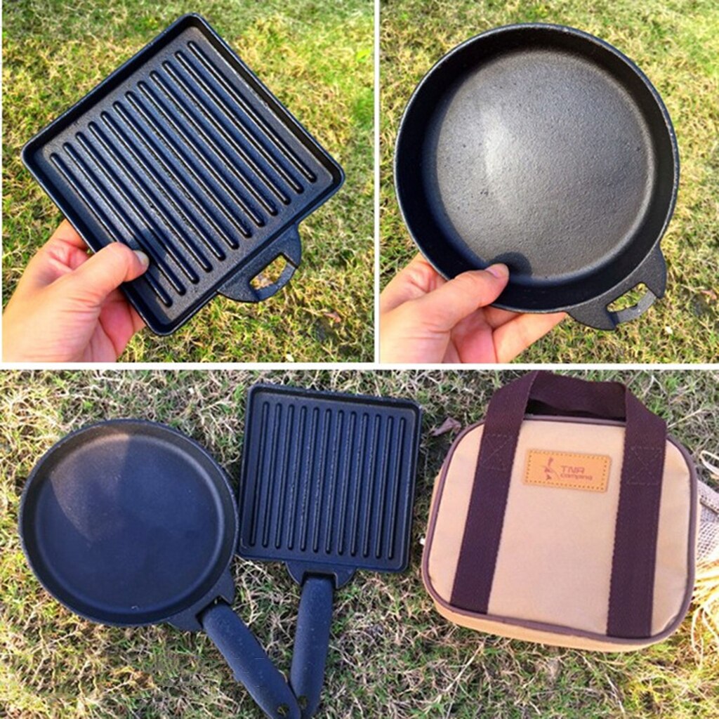 2pcs Square & Round Cast Iron Steak Skillet/ Fry Pan + Bag Camping Outdoor