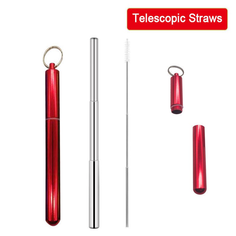 Reusable Stainless Steel Straws with Aluminum Keychain Case Cleaning Brush Collapsible Telescopic Portable Drinking Straws: Red