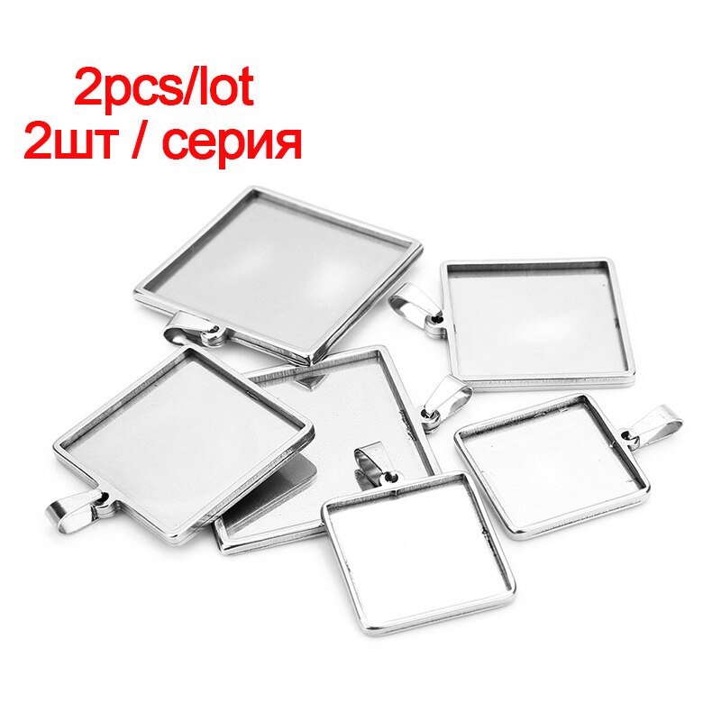 Cabujón con colgante de acero inoxidable, Base para camafeo, bandeja con bisel en blanco, suministros para joyería, , 20/35/40mm: 2pcs Steel Square / 25mm