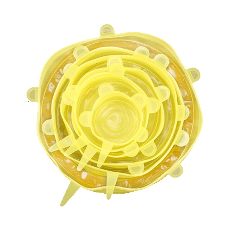 6 Pcs Food Wraps Reusable Silicone Food Fresh Keeping Sealed Covers Silicone Seal Vacuum Stretch Lids Saran Wraps Organization: Yellow
