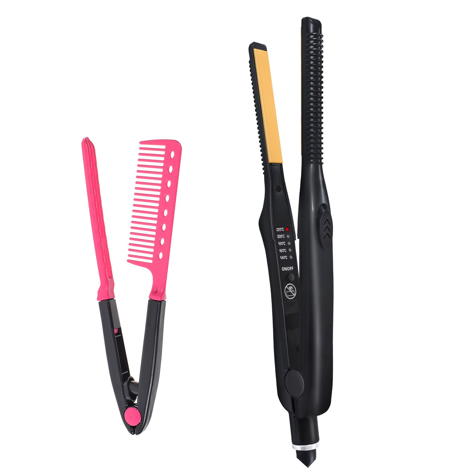 Flat Iron Hair Straighting Ceramic Titanium Small Short Straightener Curling Iron Hair Cut Straighten Iron Infrared Heated Plate: with comb with box / US