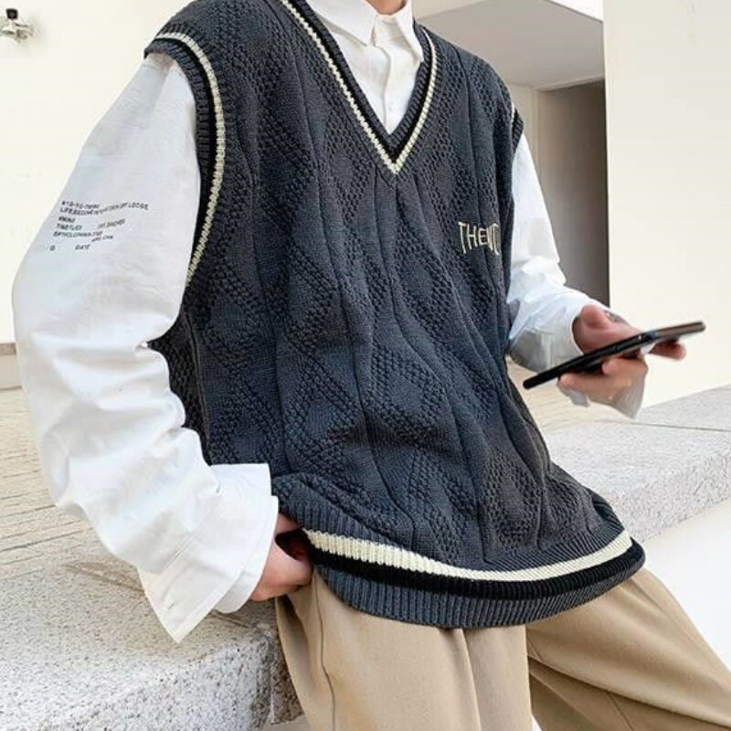 Genser Vest menn brev trykt bf v-hals 2xl oversize herre vester preppy stil streetwear stripetopp fritid strikkede gensere