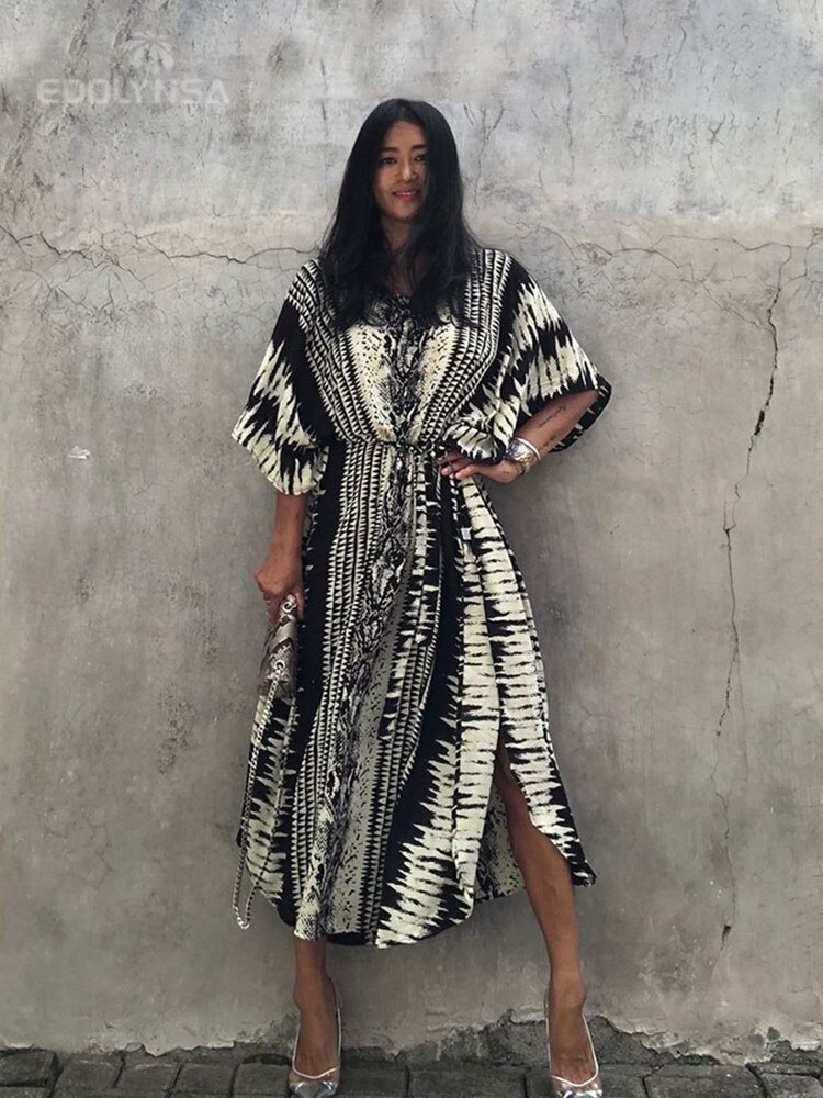 2022 Bikini Cover-ups Retro Snake Printed Self Belted Women Summer Dress Tunic Plus Size Beach Wear Swim Suit Cover Up Q1227: black