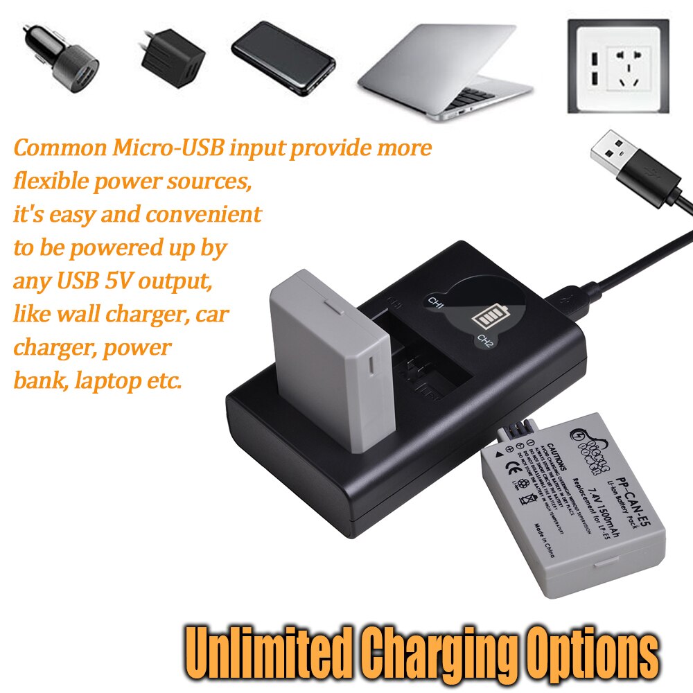 LP-E5 LPE5 LP E5 Camera Battery + LED Daul USB Charger for Canon EOS 1000D 500D 450D Kiss X3 X2 F EOS Rebel XS XSi Rebel T1i.