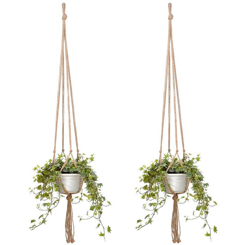 2 st 1.05m makrame jute blomhängare växt hängande korg för takdäck balkong runda och fyrkantiga krukor för väggträdgård