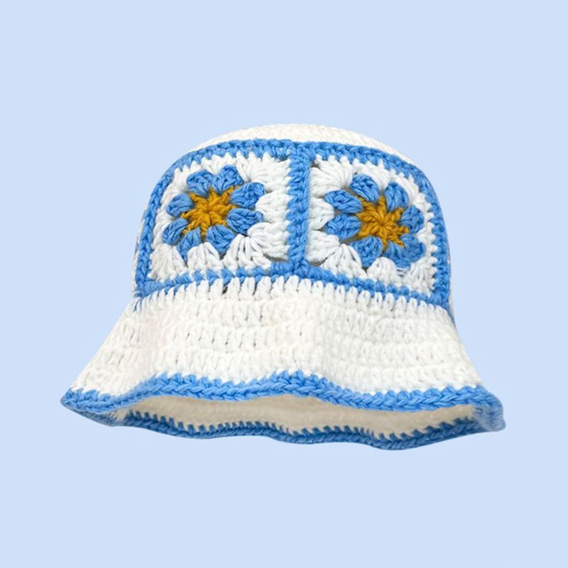 Autumn Crochet Korean Handmade Bucket Hat Women Weaving Knitted Hat Y2k Flowers Autumn Winter Beanies Basin Cap