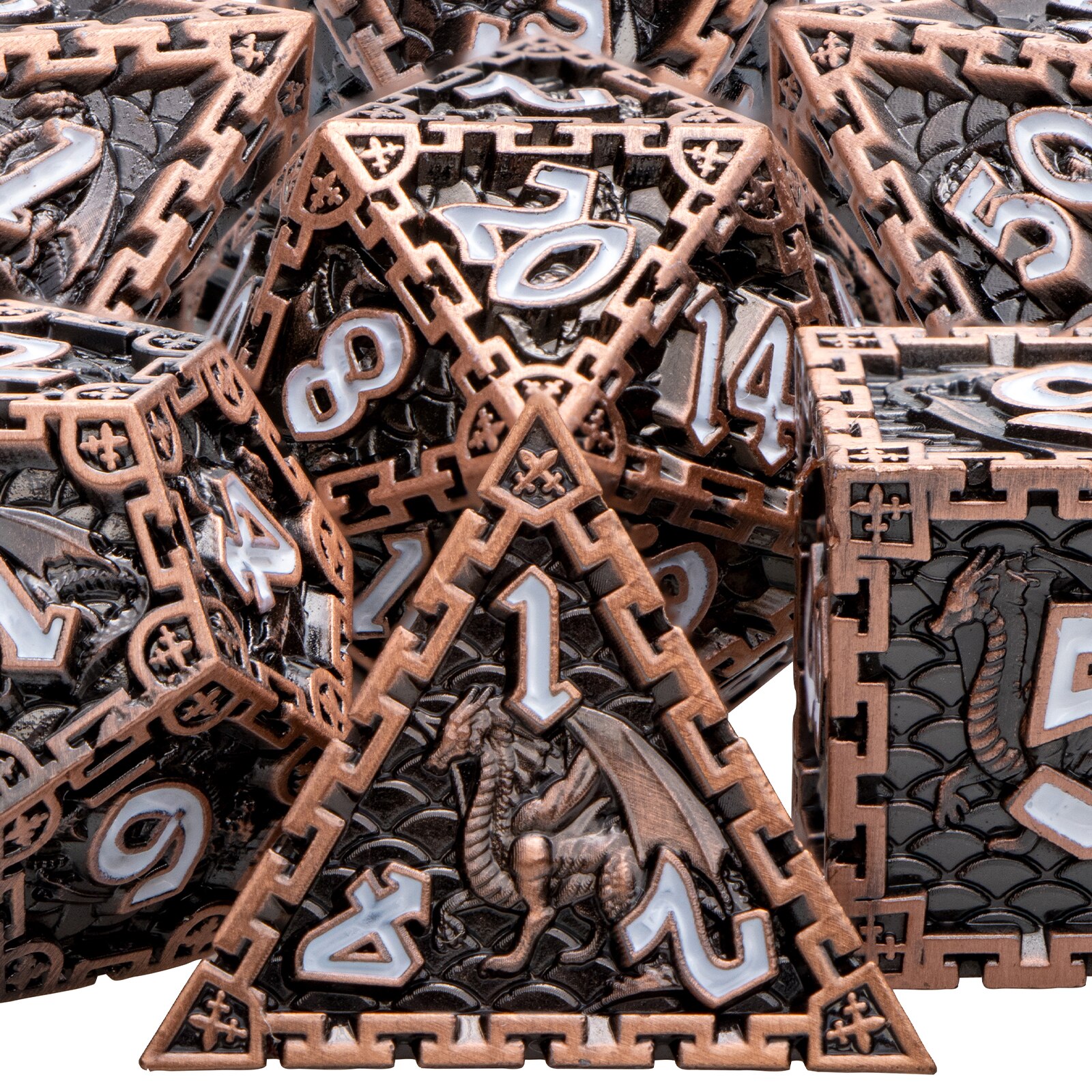 Metal Polyhedral DND Dice Set Dungeon and Dragon D&amp;D Dice for MTG Pathfinder RPG Roll Playing Game D20 D12 D10 D8 D6 D4: Copper White Numbers