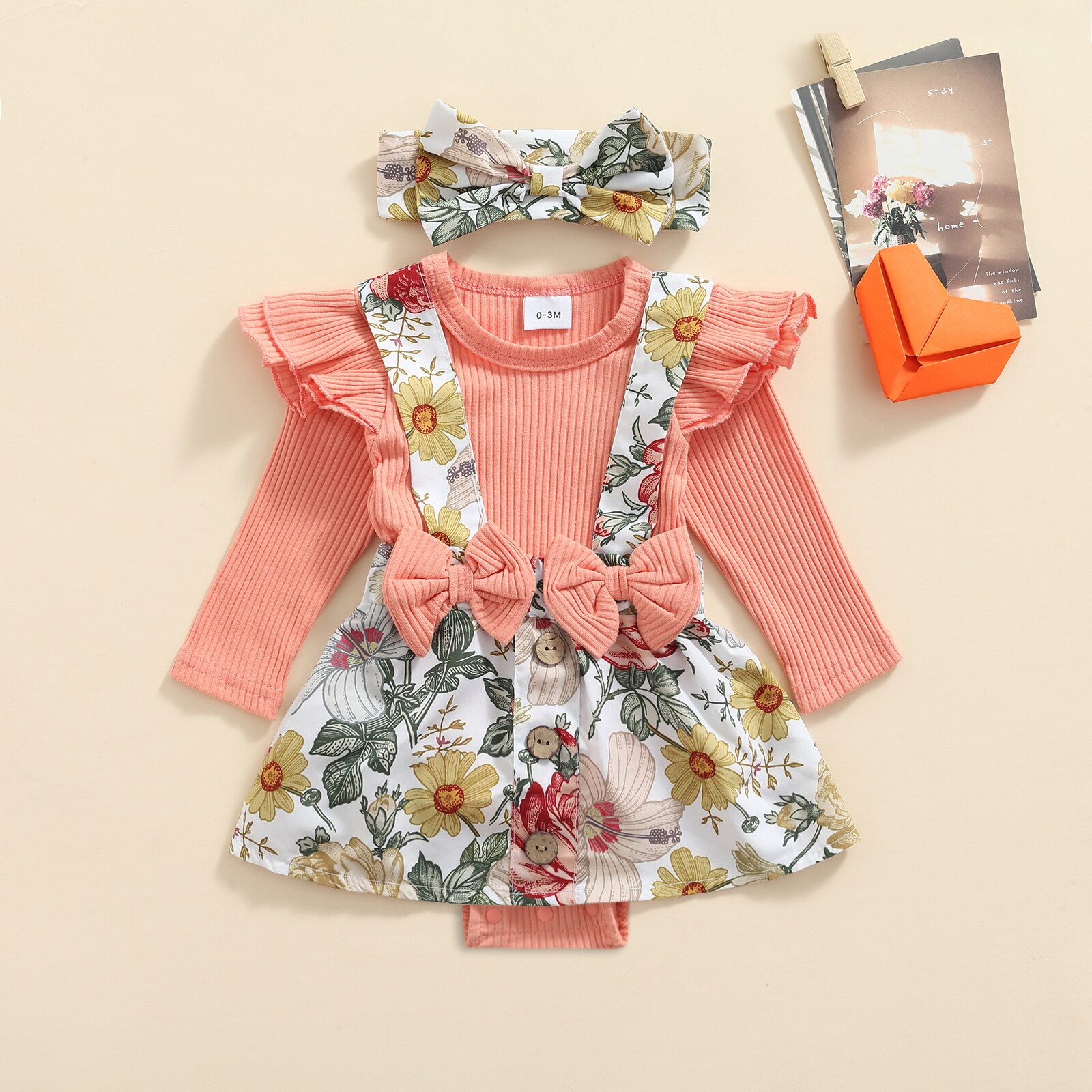 Autumn Toddler Baby Girl Flower Bodysuits Korean Style Princess Long Sleeve Jumpsuit Newborn Clothes with Bowknot Hairband