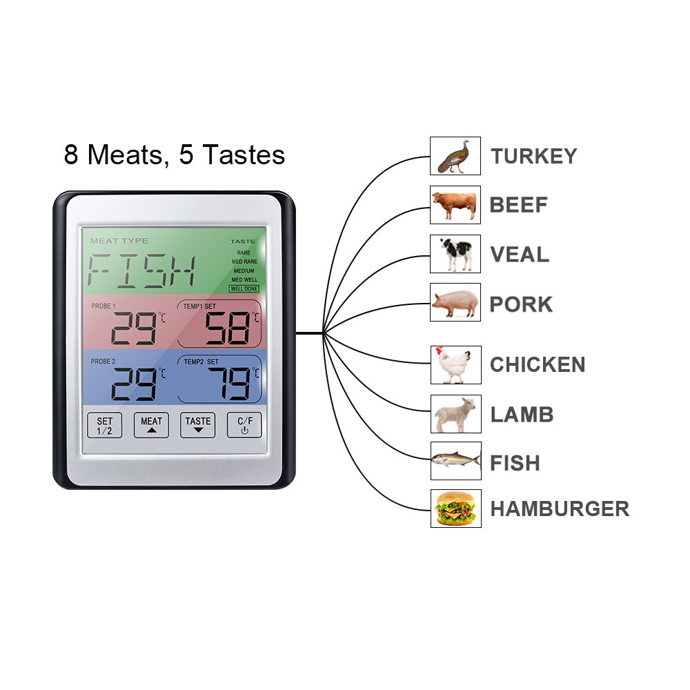 Digitalt ovntermometer kødkøkken bbq madlavning madtemperaturtester timerfunktion for med sonde i rustfrit stål