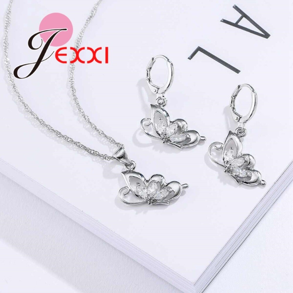 Elegante Mooie Vlinder Sieraden Set 925 Sterling Zilveren Bruiloft Ketting Oorbel Set Jurk Accessoires Fijne Sieraden