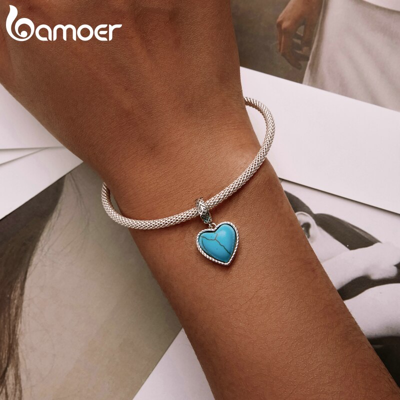 Bamoer Blauw Liefde Turquoise Hanger Echt 925 Sterling Zilveren Hart Charme Voor Zilveren Armband &amp; Armband Fijne Sieraden Maken