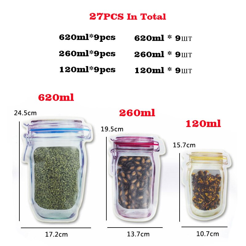 27 stks Mason Jar Voedsel Saver PE Zakken Keuken Korrels Opslag Zakken voor Suiker Kruiden Zip Lock Tassen voor Snack organizer BPA Gratis: Default Title