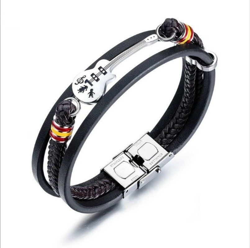 Punk couro guitarra pulseira multi-camada trançado pulseiras para jóias masculinas