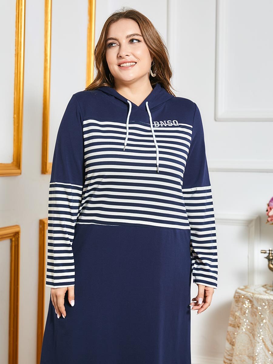 Robe longue à capuche pour femme, manches longues, rayures, imprimé contrasté, poches, ample, grande taille, style arabe, collection automne hiver